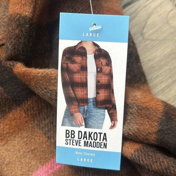 BB Dakota X Steve Madden | Brown and pink plaid boxy shacket jacket NWT Size L - Picture 10 of 13